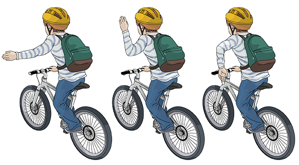 Asegúrese de que su hijo sepa cómo utilizar las señales de mano que se indican arriba cuando ande en bicicleta.
